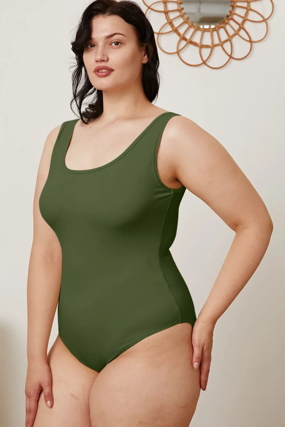 Plus Size Square Neck Sleeveless Bodysuit in Dark Green for Women