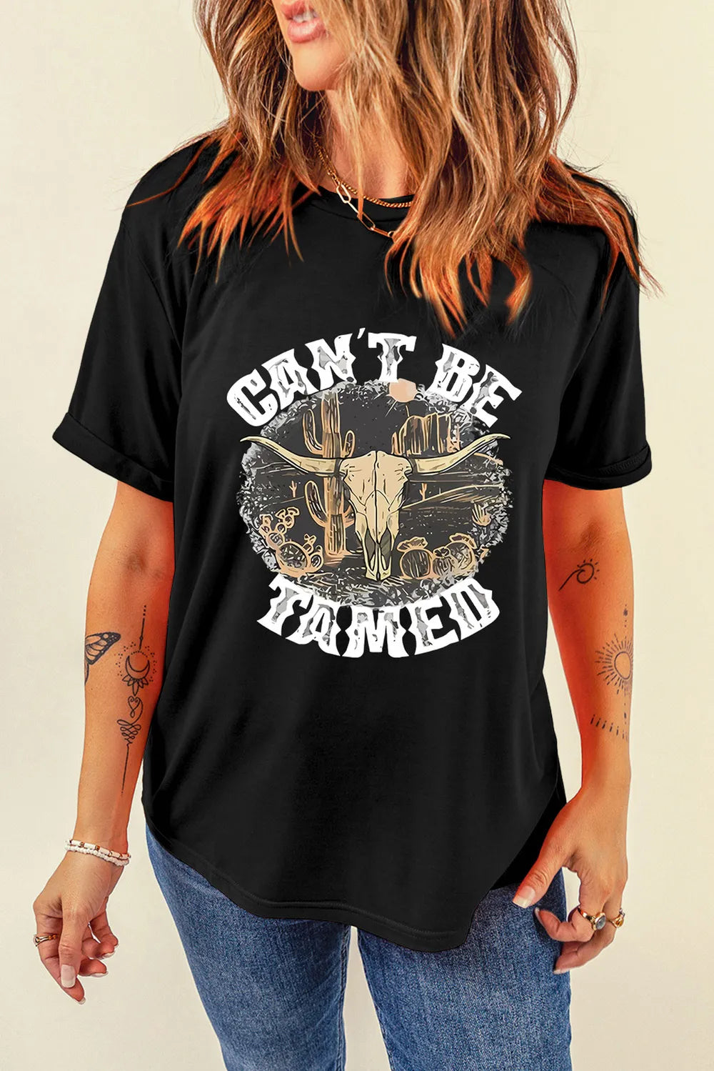 Graphic Round Neck Short Sleeve T-Shirt in Classic in Black for Women