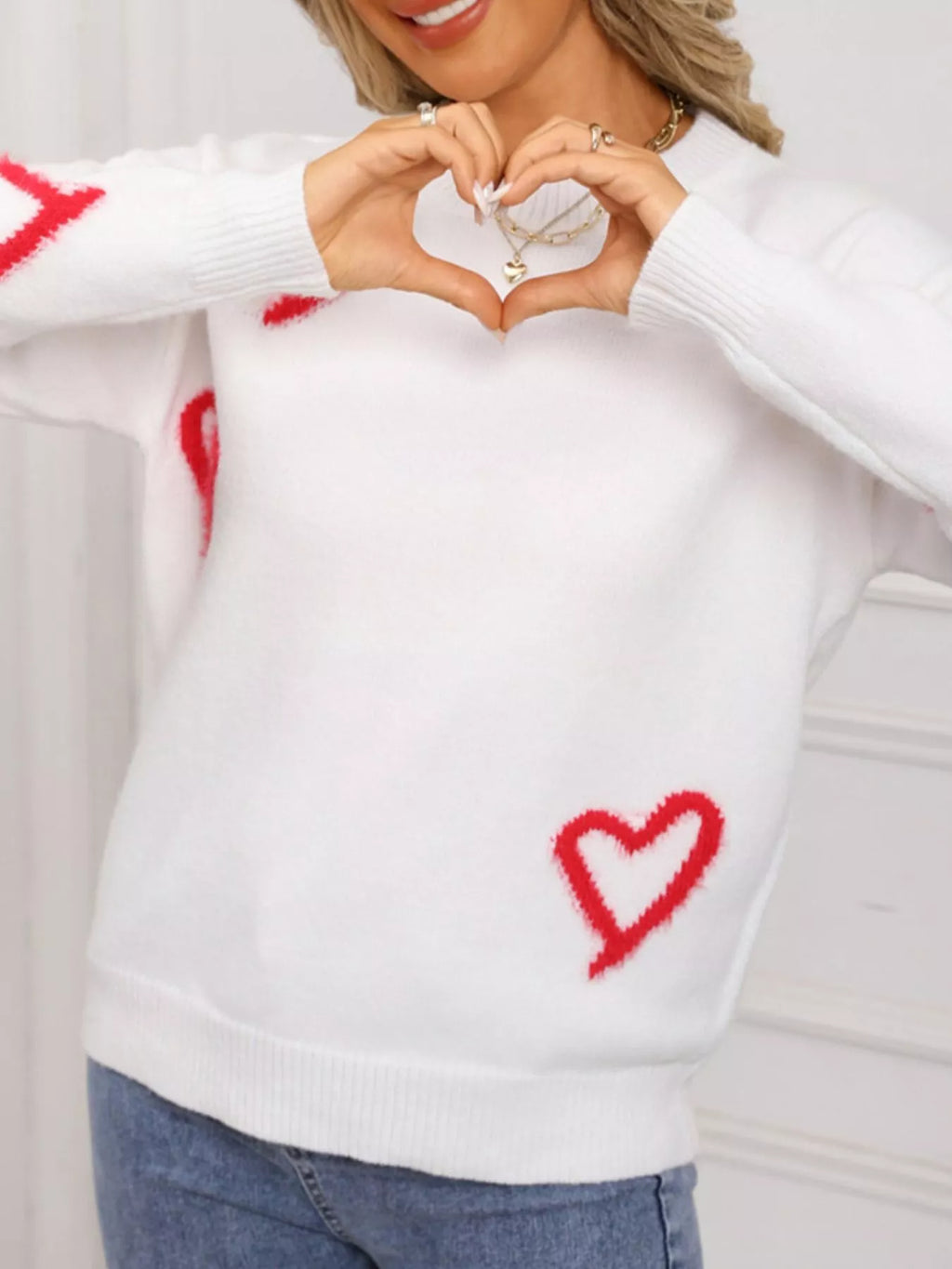 Valentines Day Heart Print Crew Neck Sweater for Women