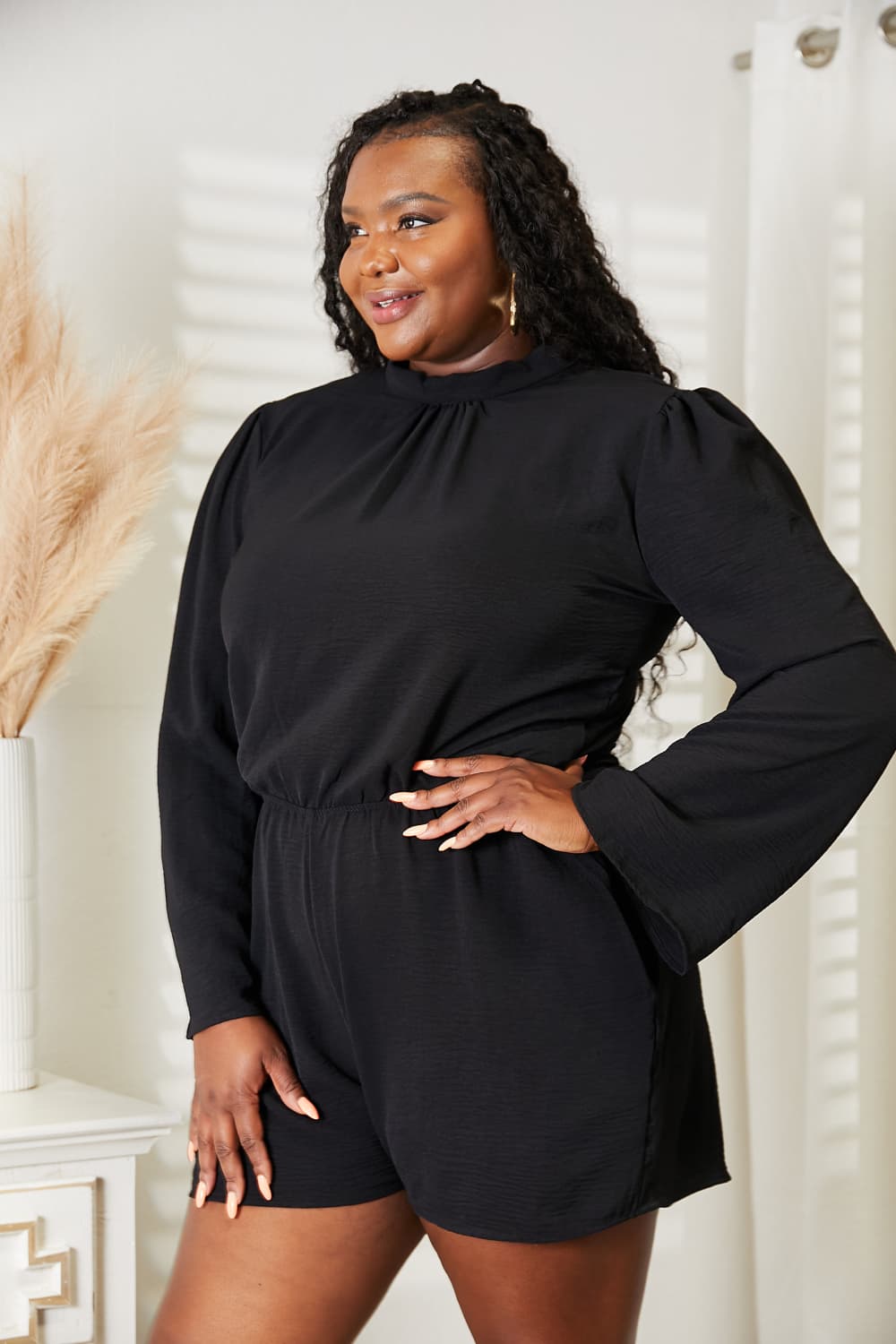 Plus Size Open Back Romper with Pockets in Black for Women
