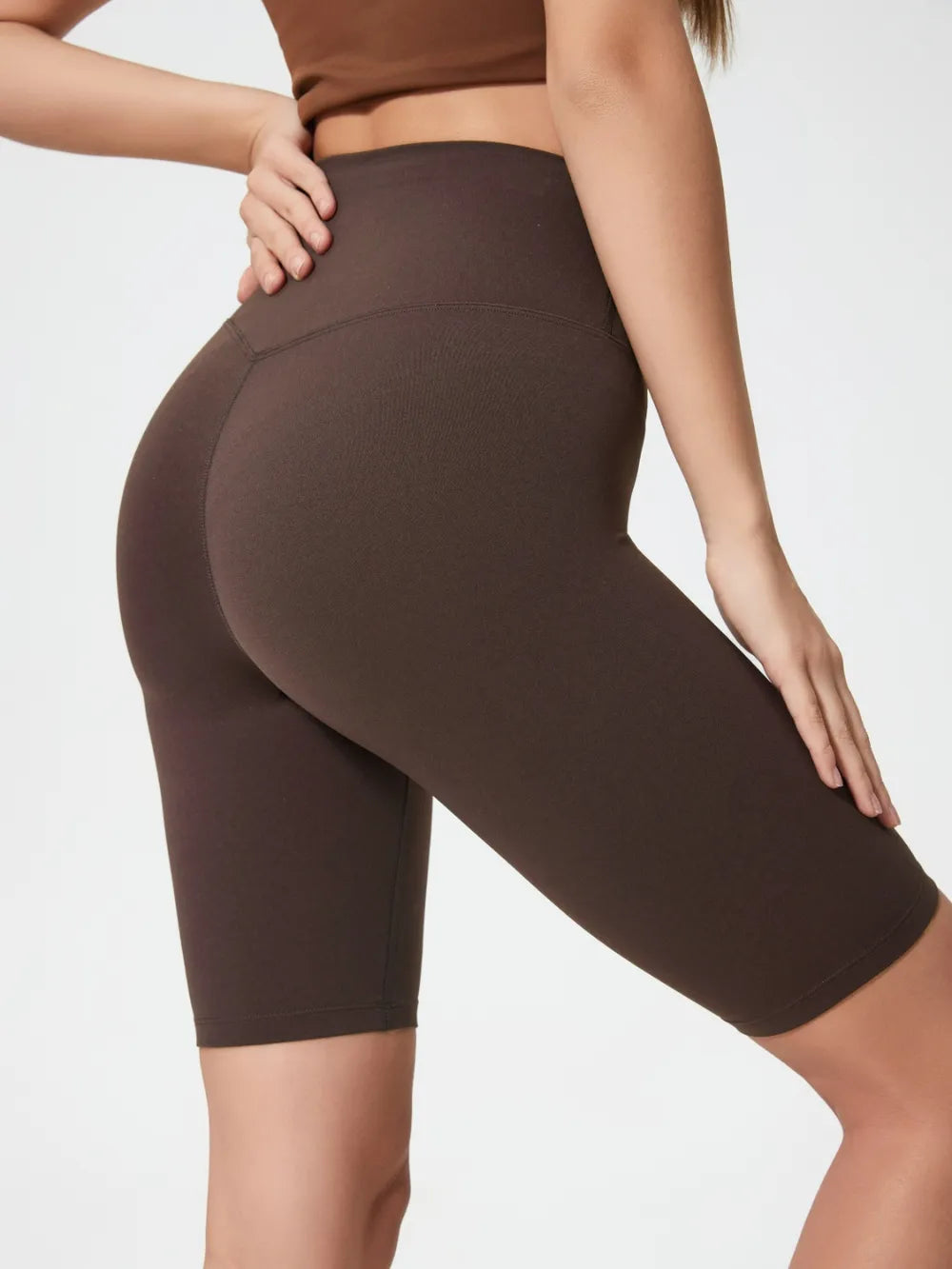 High Rise Wide Waistband Active Shorts in Dark Brown in Light Blue for Women