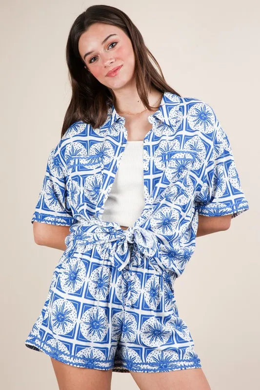 Tropical Printed Shirt Top and Shorts Set Plus Size in Blue for Women