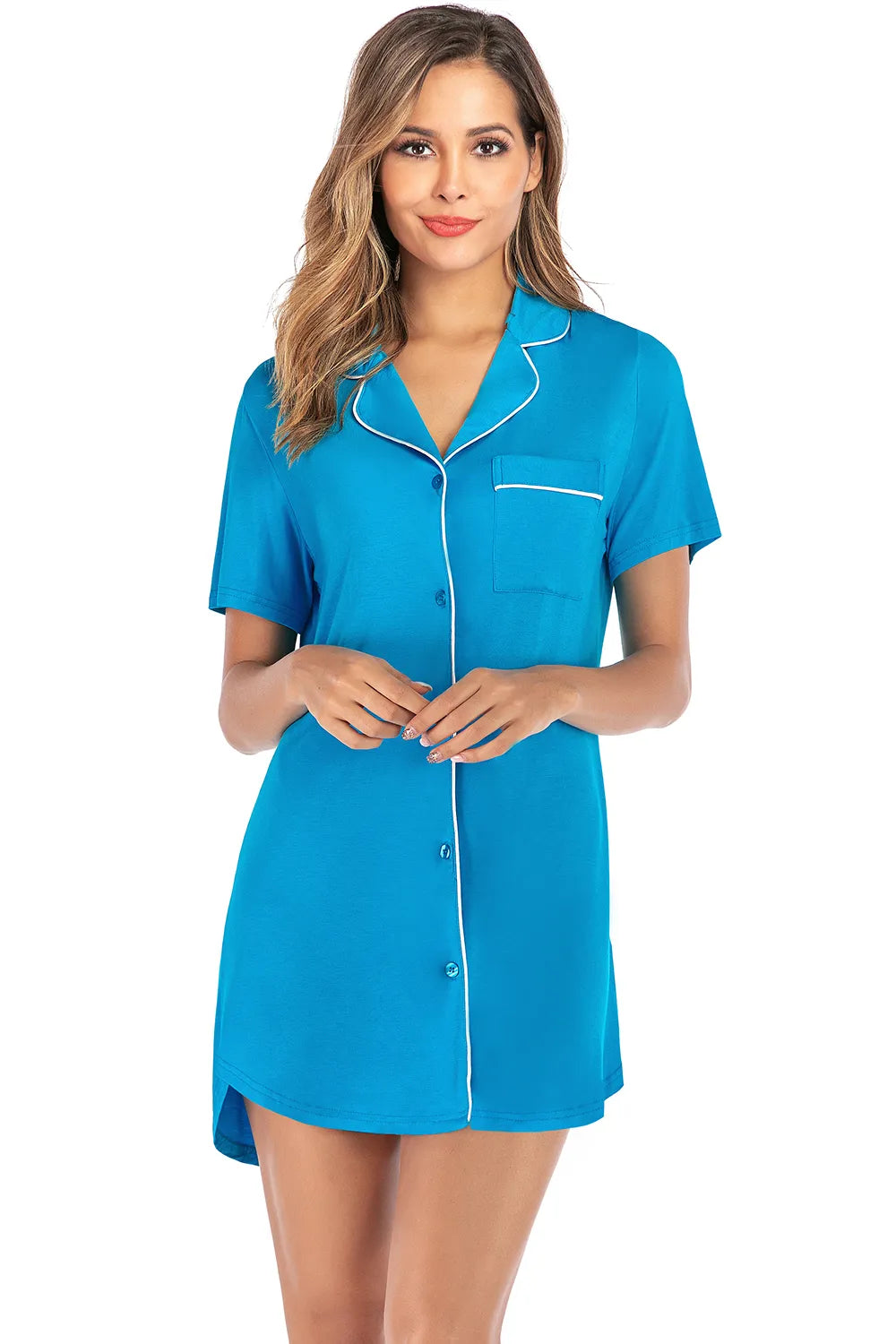 Contrast Piping Pocketed Short Sleeve Lounge Dress in Sky Blue for Women