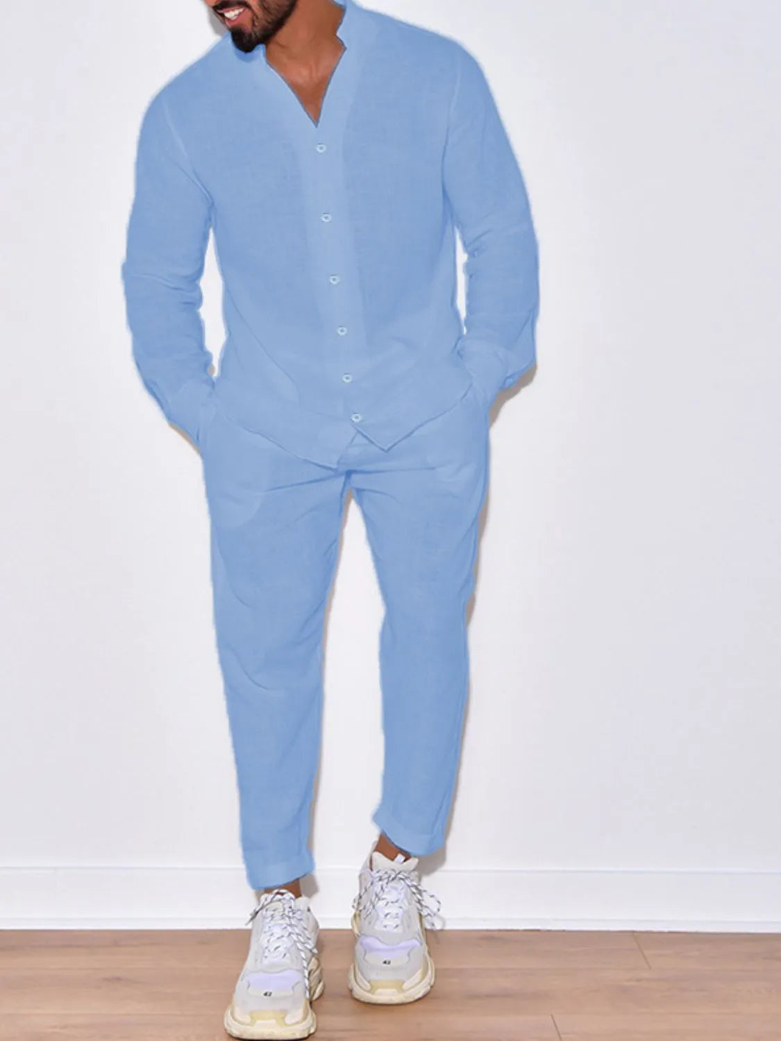 Button Up Long Sleeve Top and Pants Set in Gum Leaf for Men