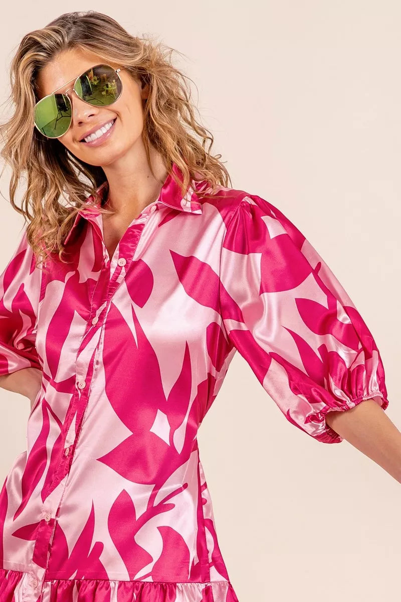 Leaf Pattern Collared Satin Dress for Women