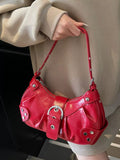 Studded Buckle Shoulder Bag in Wine Red for Women