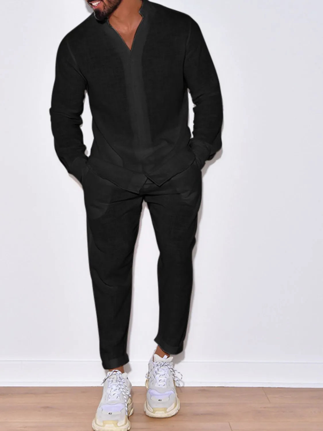 Button Up Long Sleeve Top and Pants Set in Gum Leaf for Men