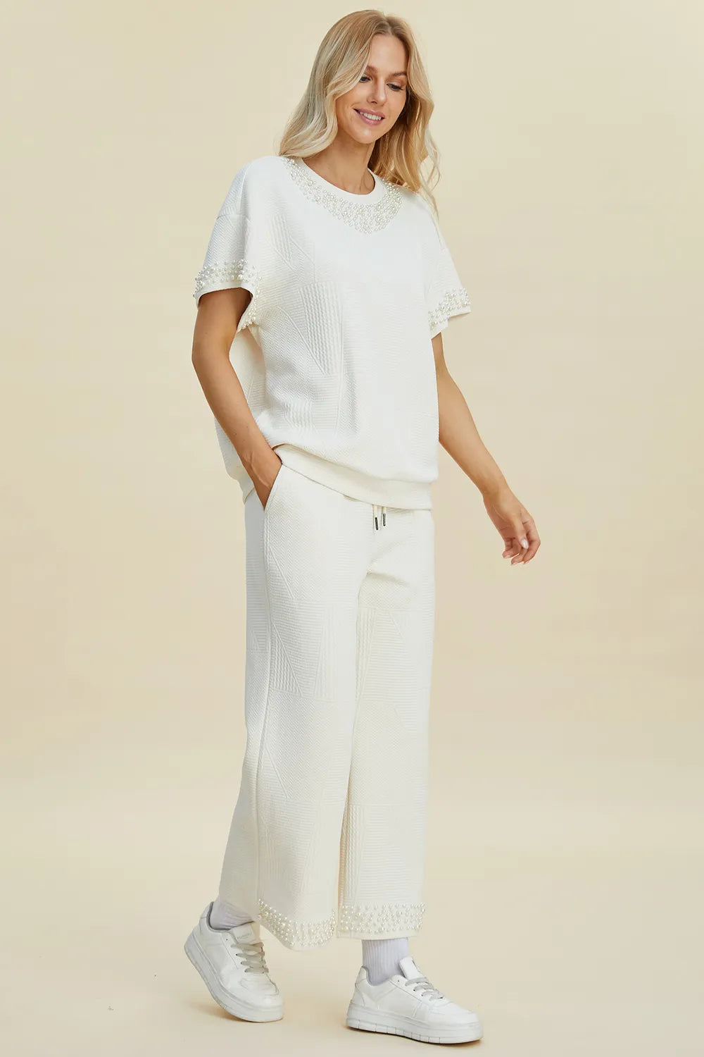 Plus Size Pearl Detail Round Neck Top and Pants Set in Cream for Women