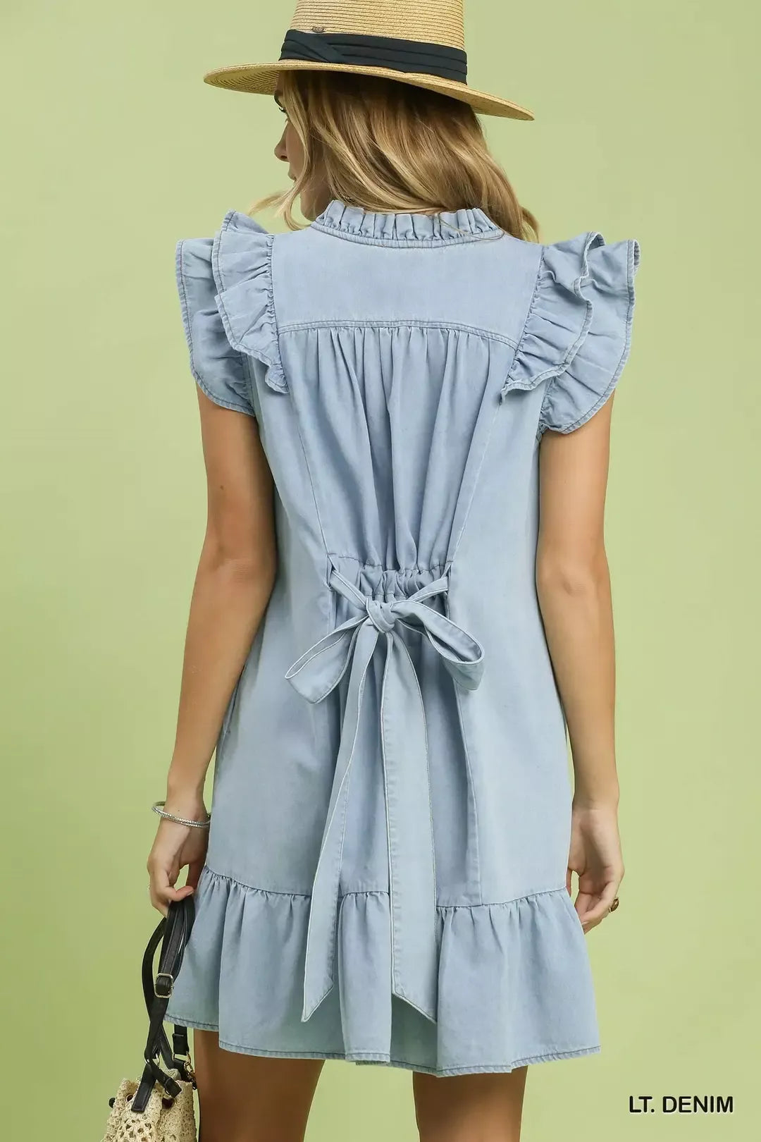 Chambray Ruffled Denim Dress with Side Pockets for Women