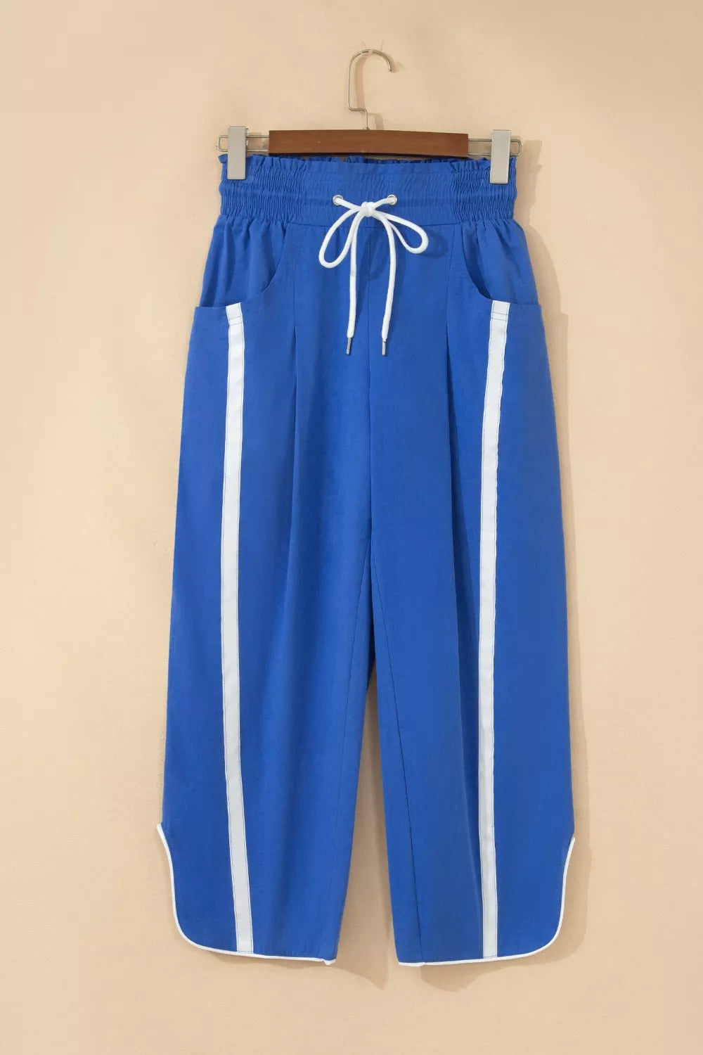 Contrast Striped Smocked Waist Drawstring Cropped Casual Pants in Royal Blue for Women