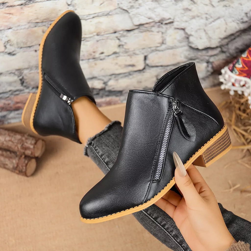 Size Zipper Block Heels Boots in Black for Women