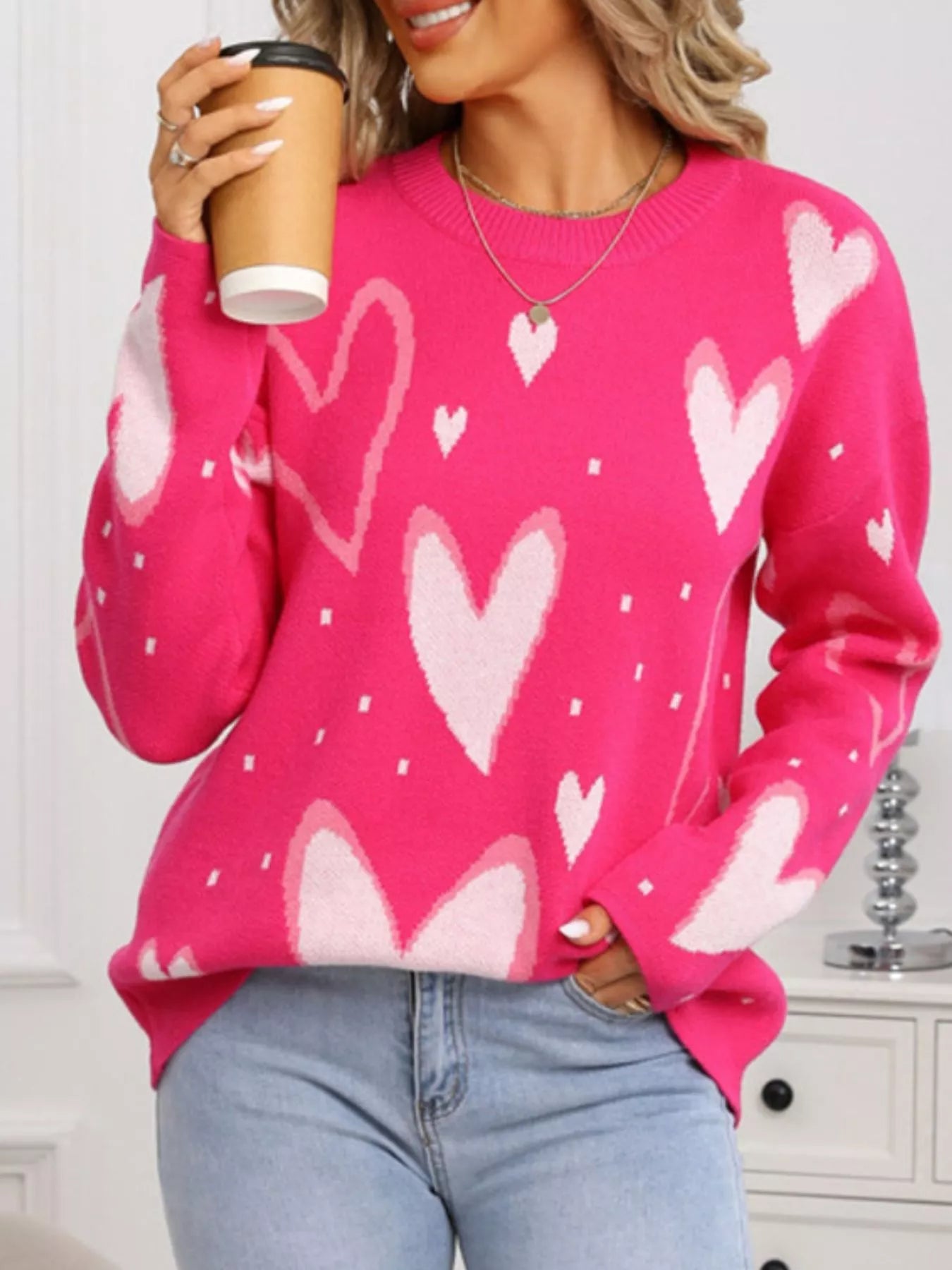 Valentines Day Heart Crew Neck Sweater in Rose Red in White for Women