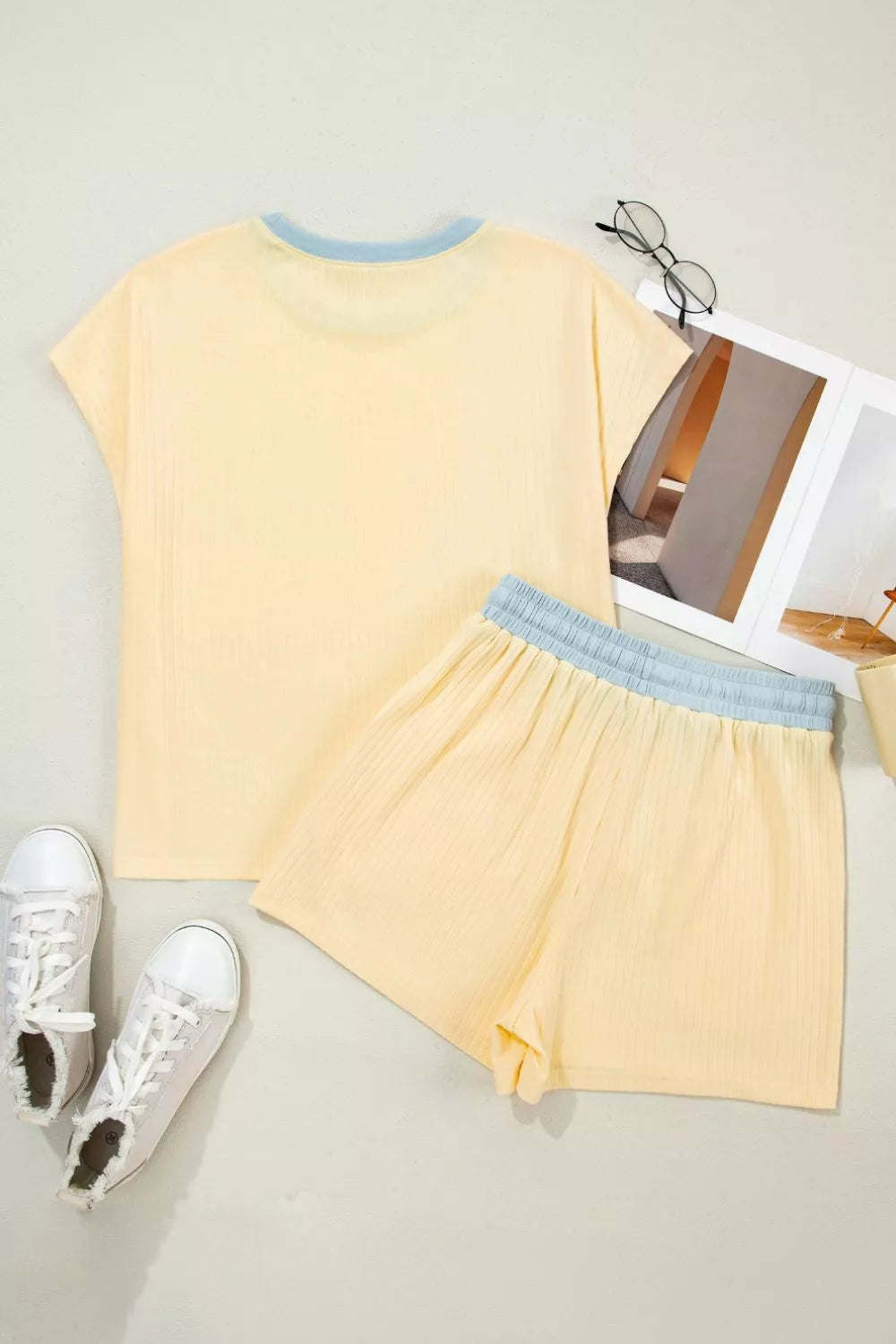 Soft Ribbed Color Block Trim Casual Shorts Set for Women