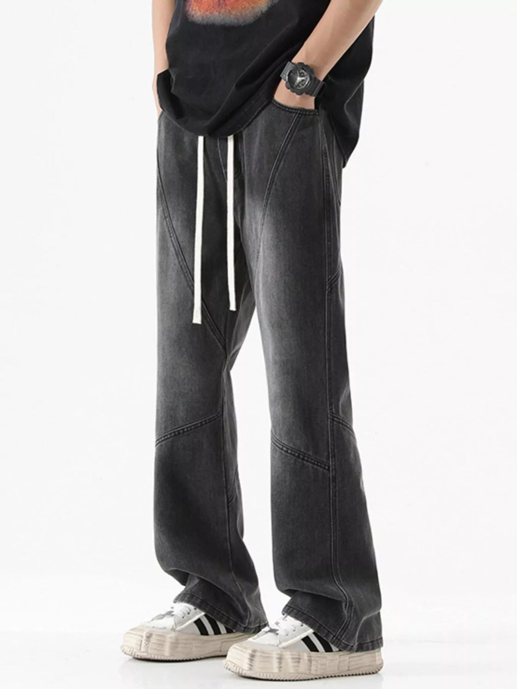 Drawstring Wide Leg Jeans Plus Size in Black for Men