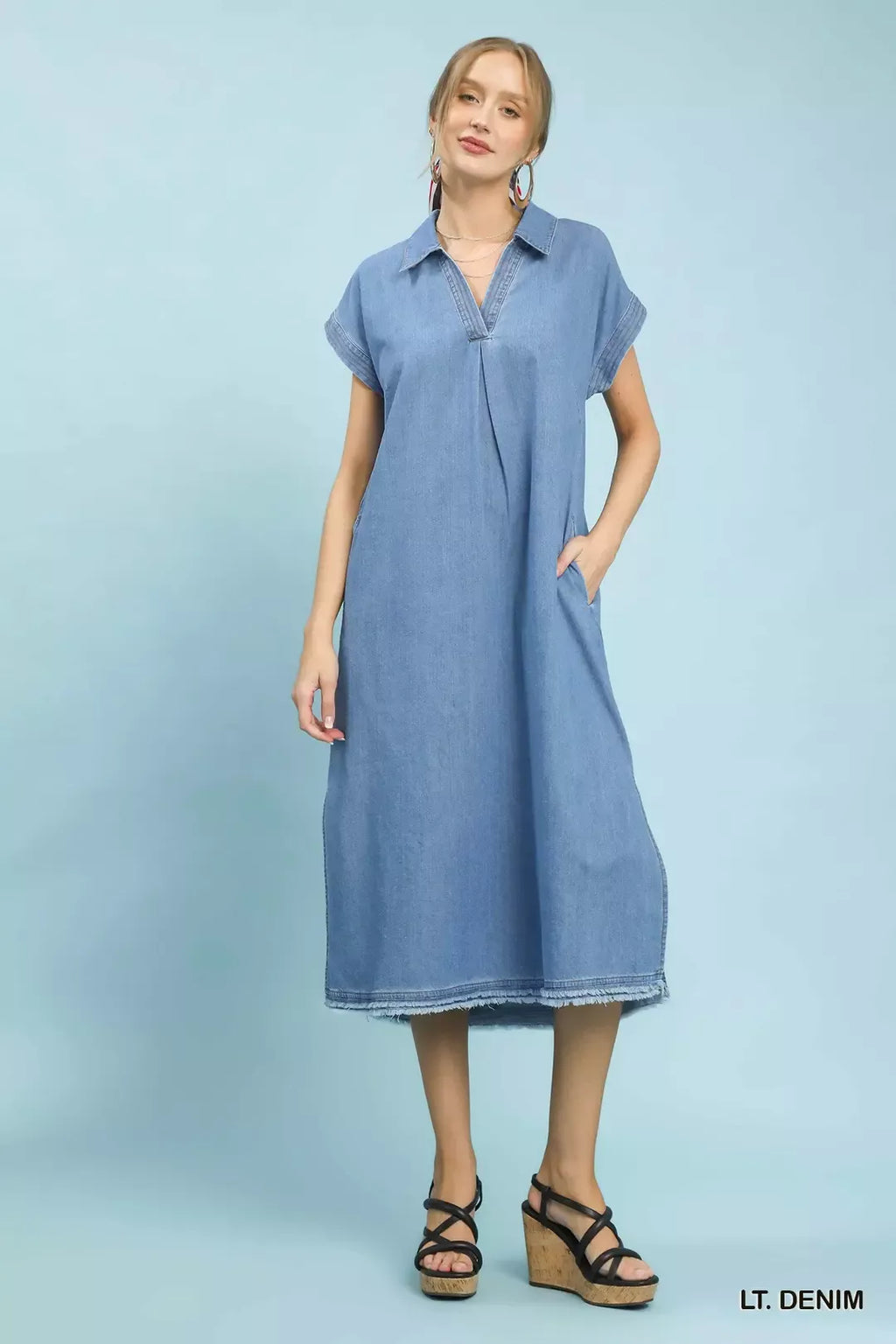 Stone Washed Collared Denim Midi Dress in Light Denim for Women