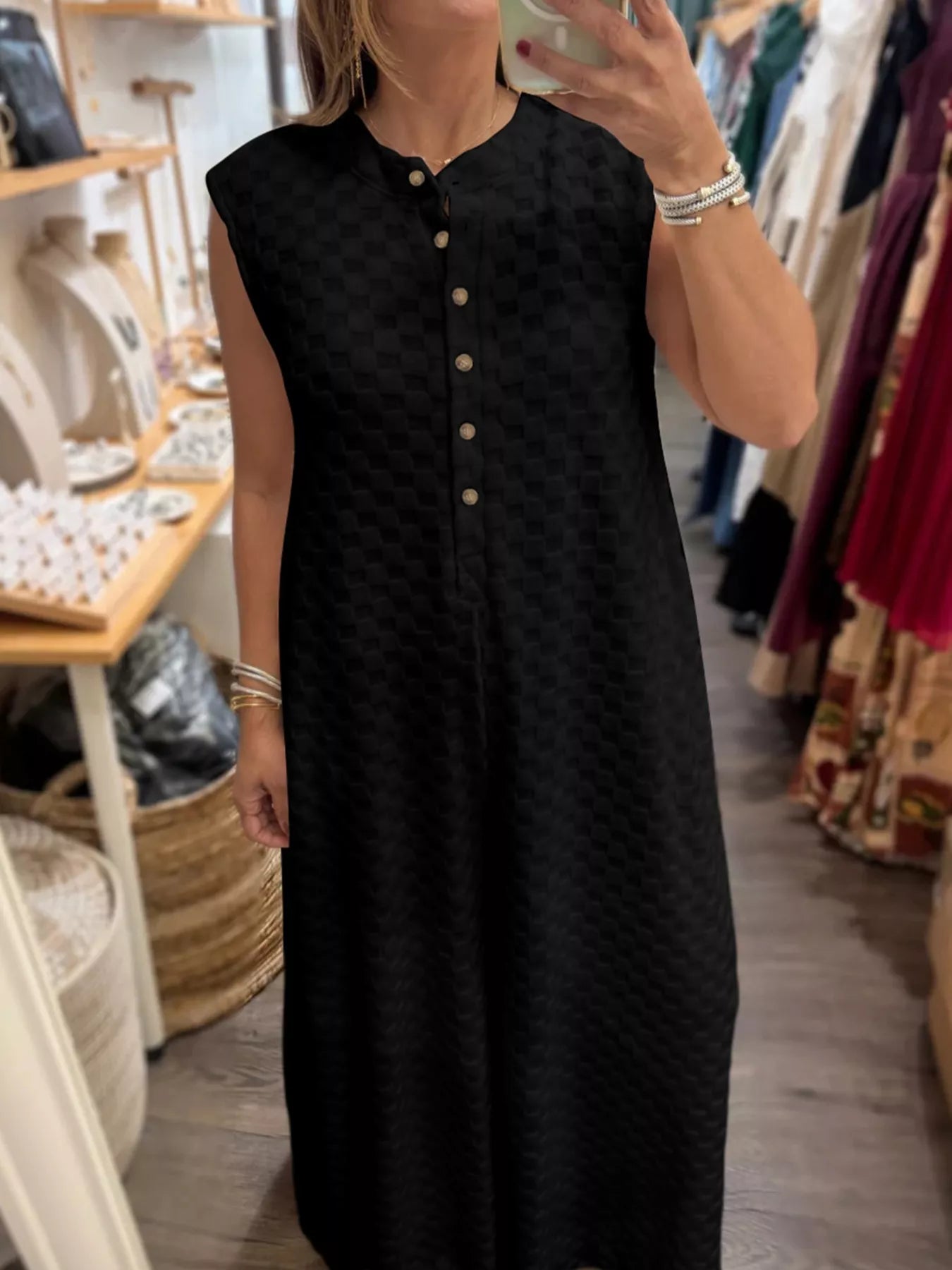 Checkered Sleeveless Wide Leg Jumpsuit in Black for Women