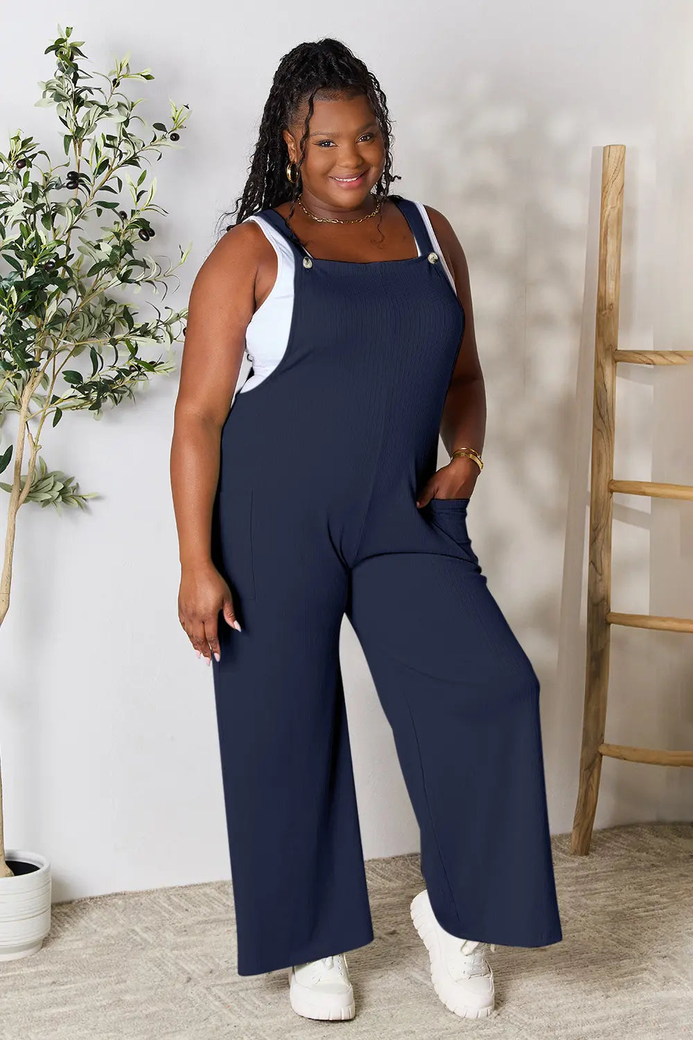 Plus Size Wide Strap Overall with Pockets in Ochre for Women