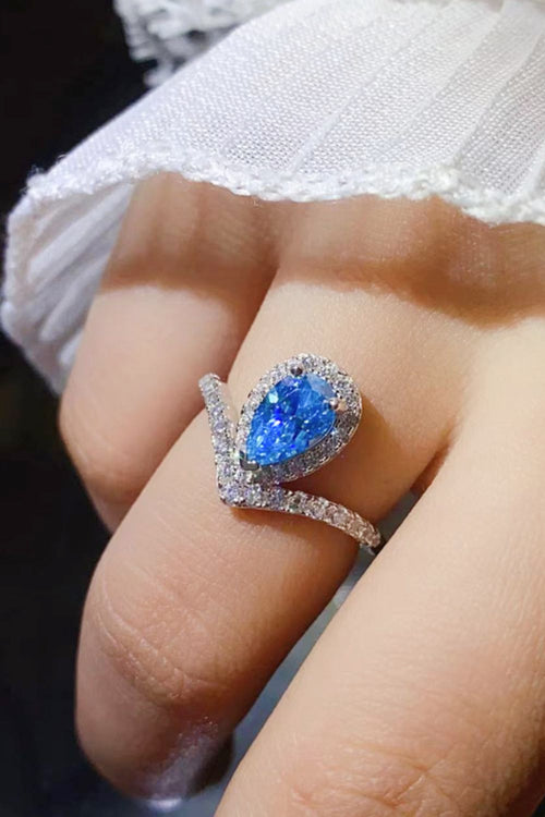 1 Carat Pear Shape Moissanite Heart Ring in Sky Blue for Women
