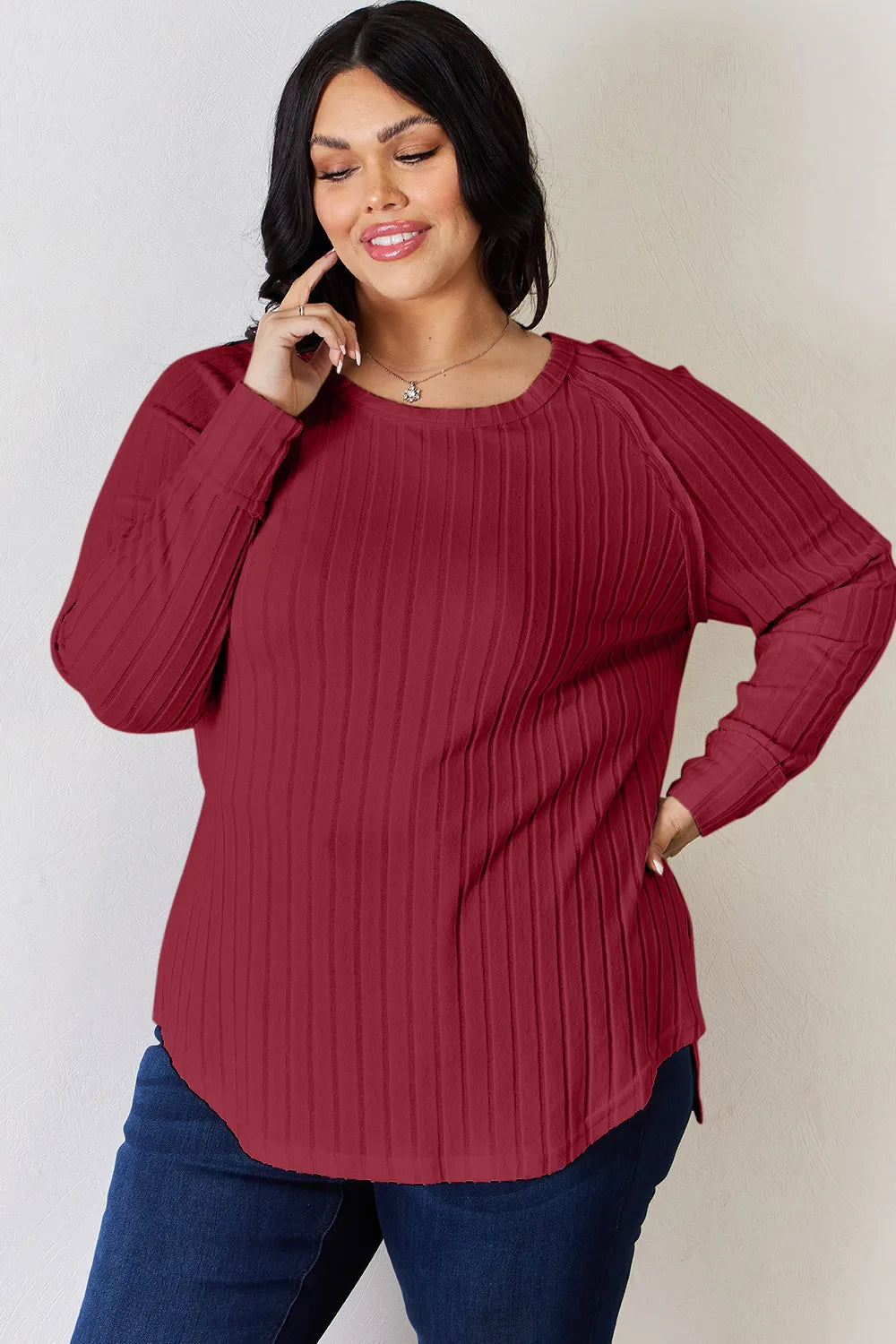 Plus Size Ribbed Round Neck Slit T-Shirt in Light Yellow for Women