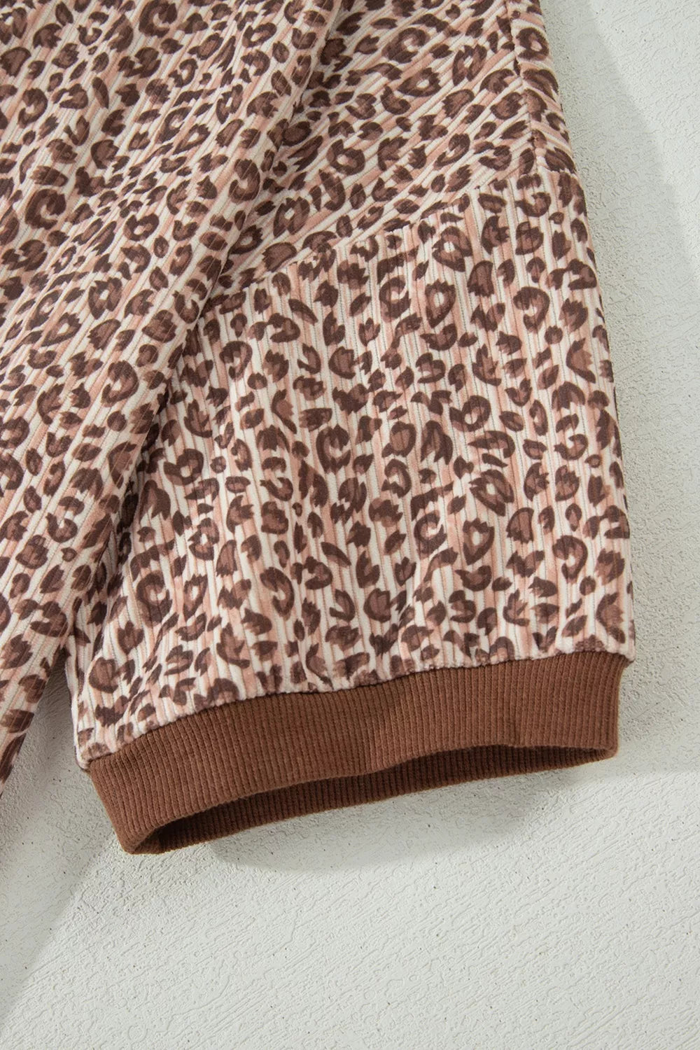 Leopard Print Ribbed Patchwork Half Button Loose Tee Elastic Waist Shorts Two-Piece Set for Women