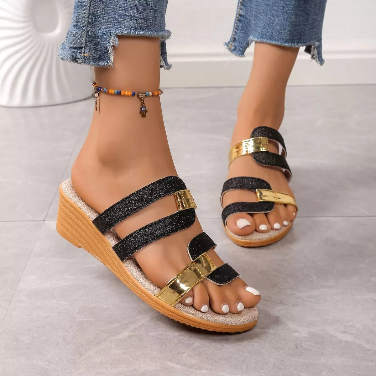 Open Toe Wedge Sandals in Black for Women
