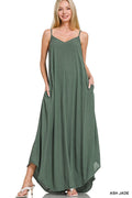 Woven Crinkle Cami Maxi Dress with Side Pockets in Jade Green for Women
