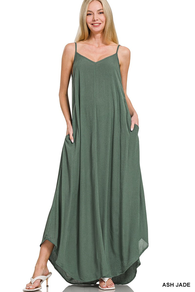 Woven Crinkle Cami Maxi Dress with Side Pockets in Jade Green for Women