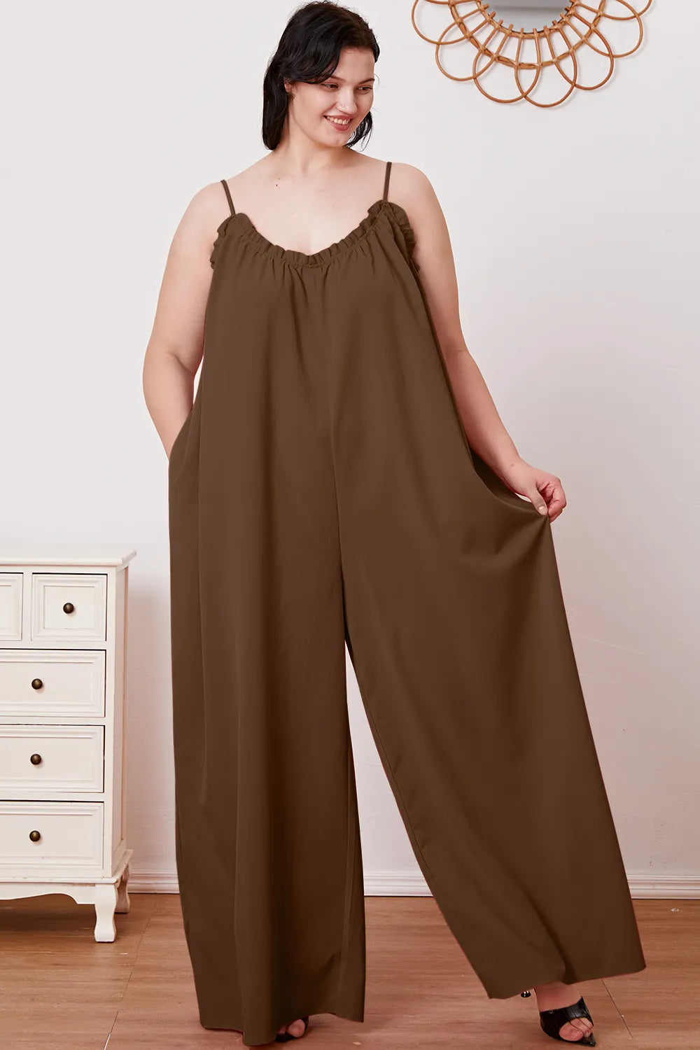 Plus Size Ruffle Trim Tie Back Cami Jumpsuit with Pockets in Mocha for Women