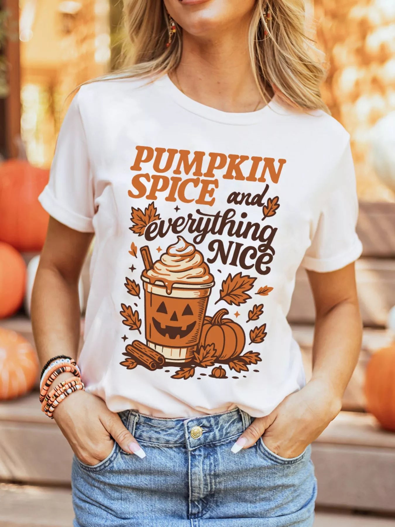 Fall Vibe Thanksgiving Graphic T-Shirt in White for Women