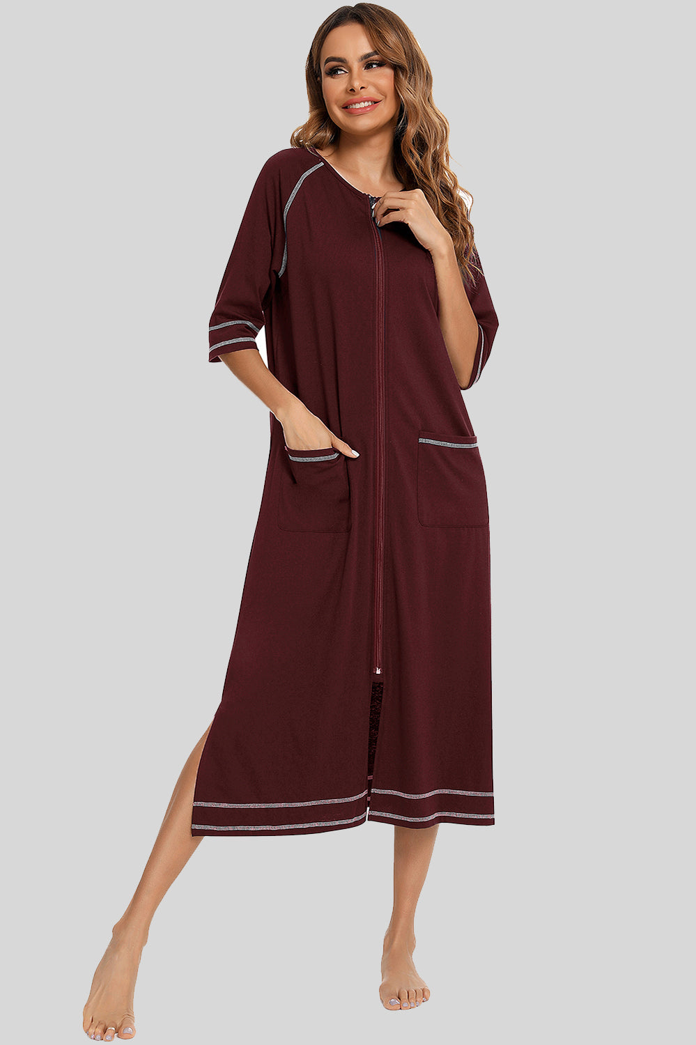 Zip Up Slit Round Neck Night Dress with Pockets in Blush Pink for Women