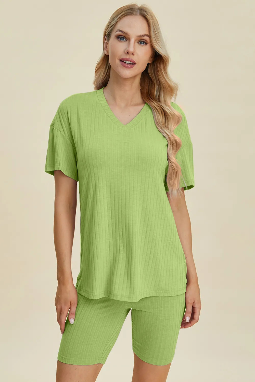 Plus Size Ribbed V-Neck Short Sleeve Top and Shorts Set in Yellow-Green for Women