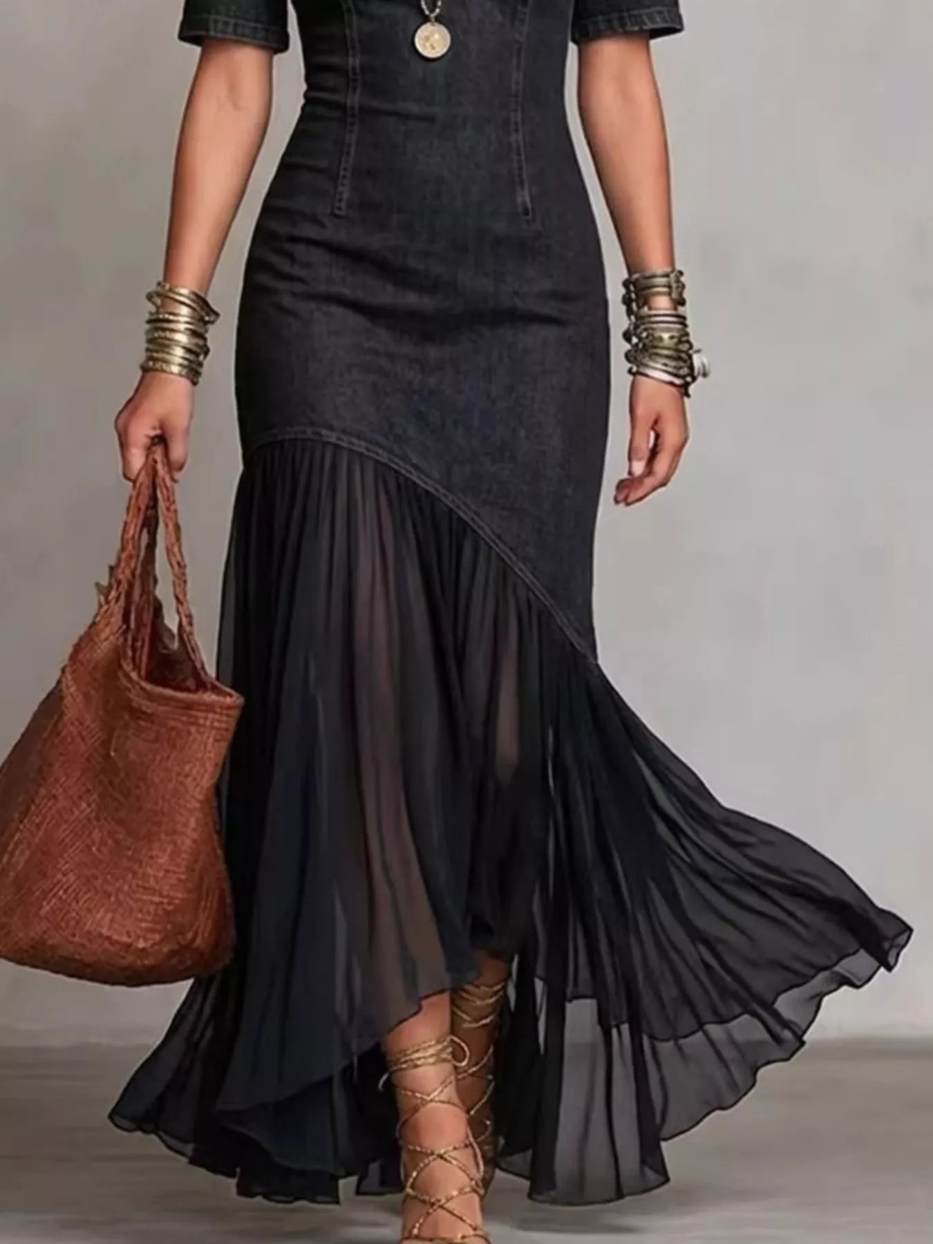 Mock Neck Cold Shoulder Ruffle Hem Maxi Dress in Dark Blue for Women