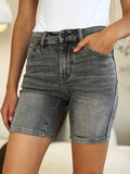 Plus Size High Waist Washed Denim Shorts in Grey for Women
