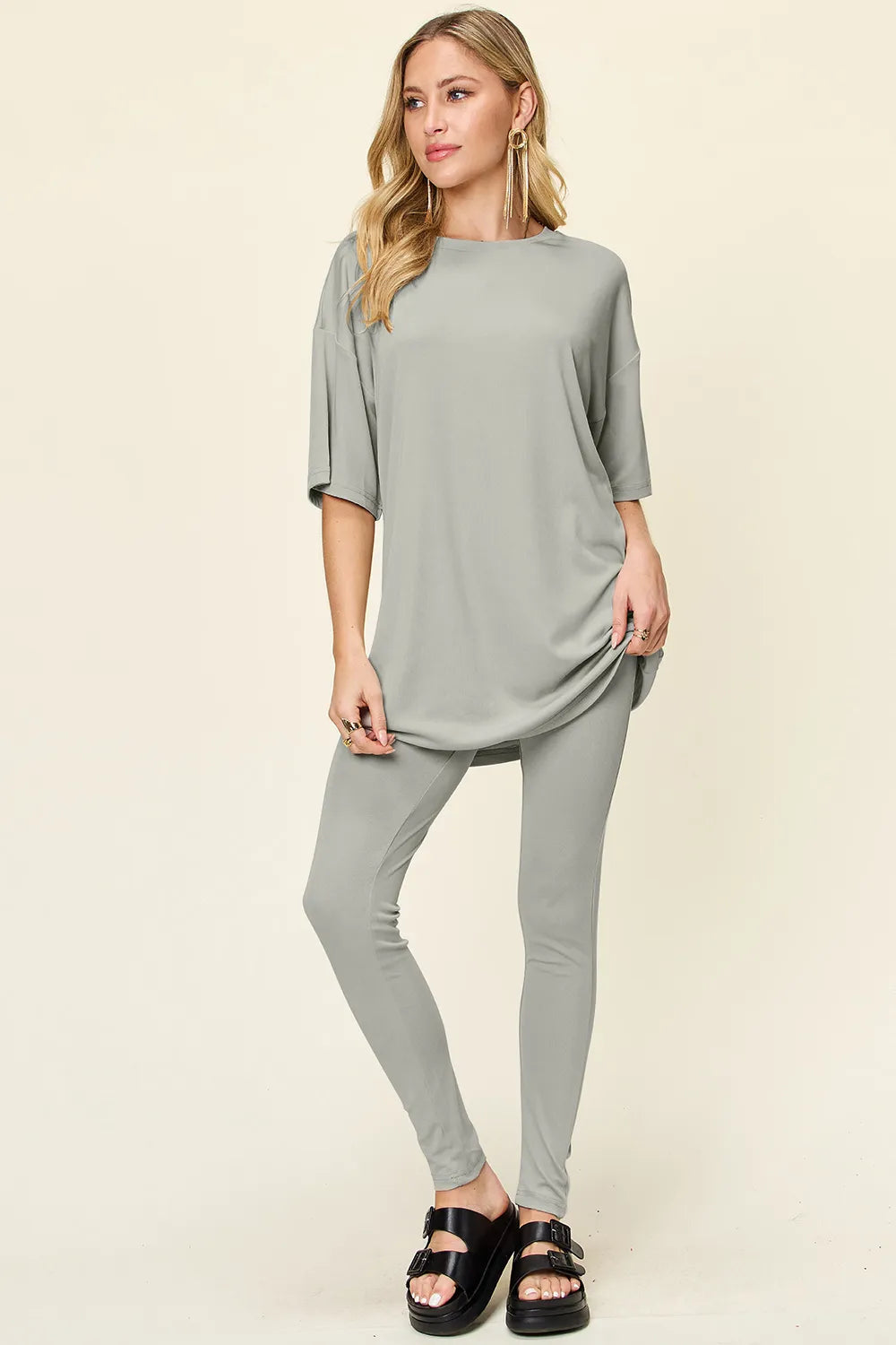 Plus Size Round Neck Dropped Shoulder T-Shirt and Leggings Set in Mocha for Women