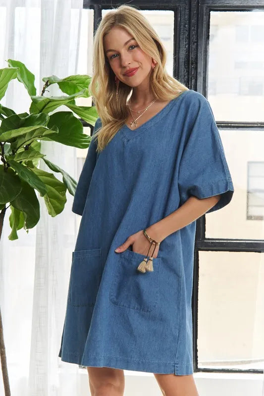V-Neck Half Sleeve Mini Denim Dress in Peacock Blue for Women