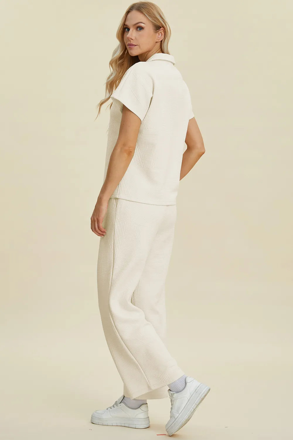 Plus Size Collared Neck Short Sleeve Top and Pants Set in Cream for Women