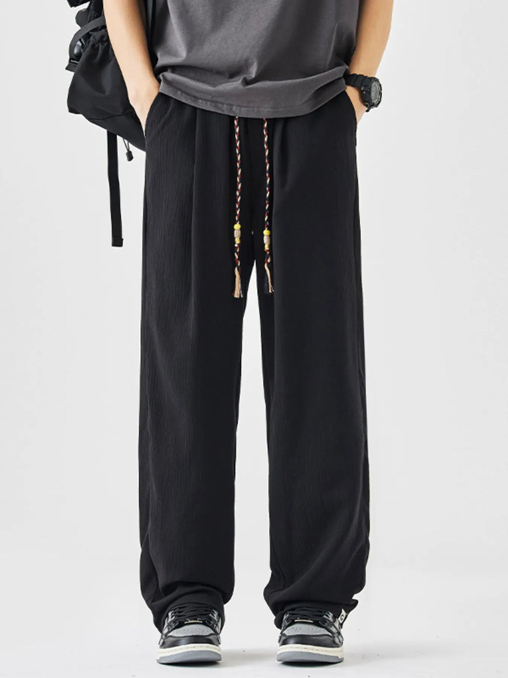 Plus Size Loose Fit Drawstring Pants in Black for Men