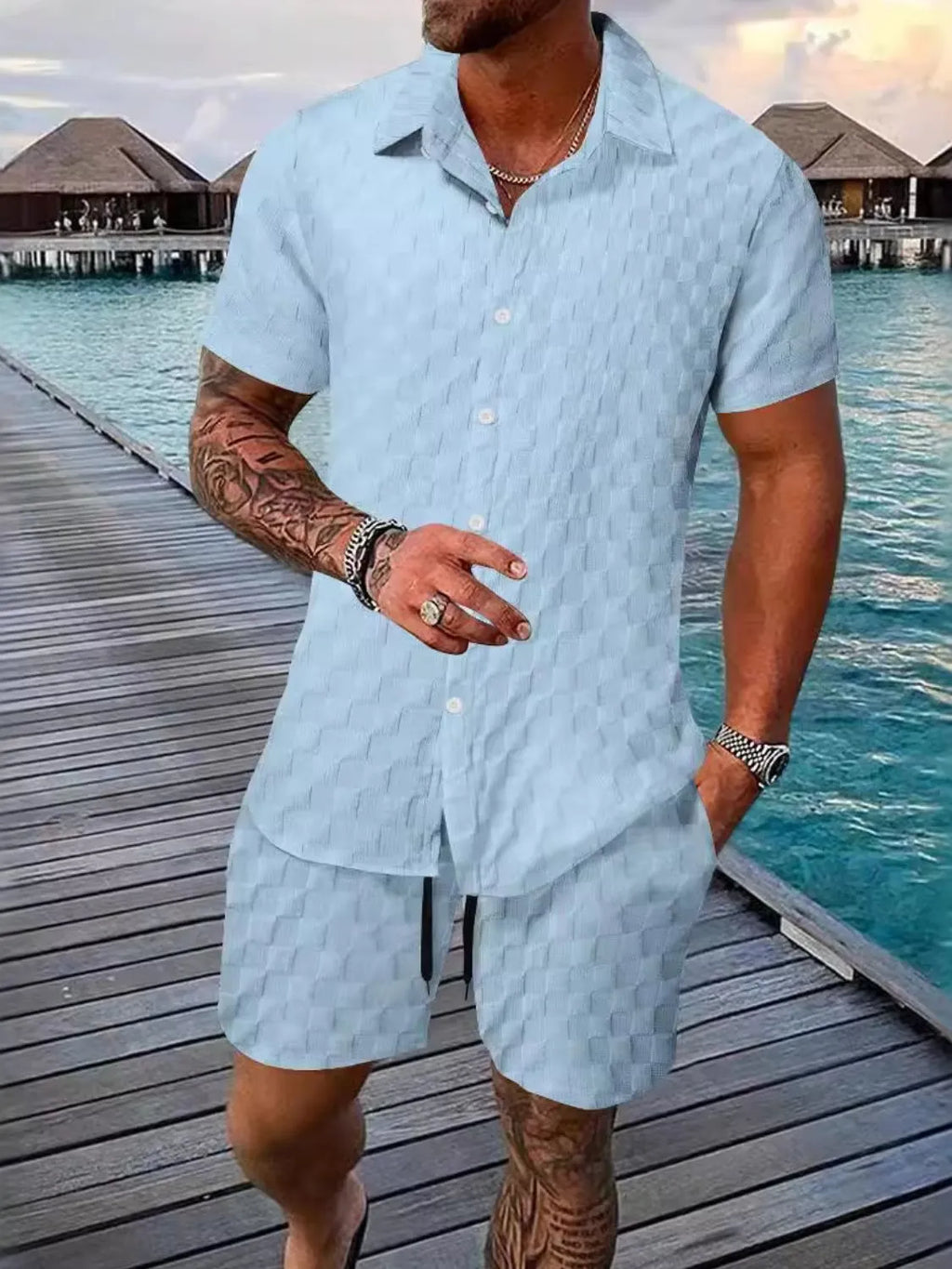 Collared Neck Short Sleeve Top and Shorts Set Plus Size in Light Blue for Men