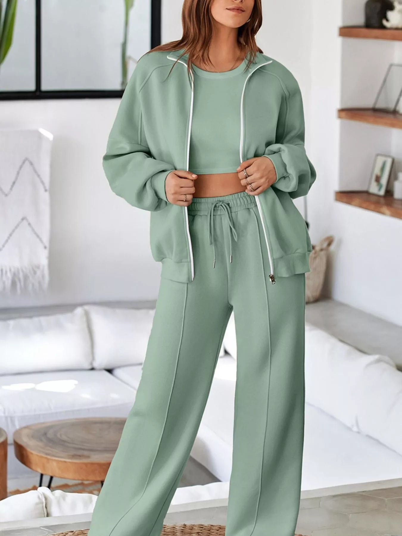 Drop Shoulder Zip Up Jacket and Drawstring Pants Active 2pcs Set for Women