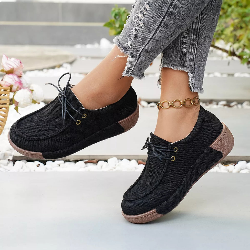 Round Toe Lace-Up Sneakers in Black for Women