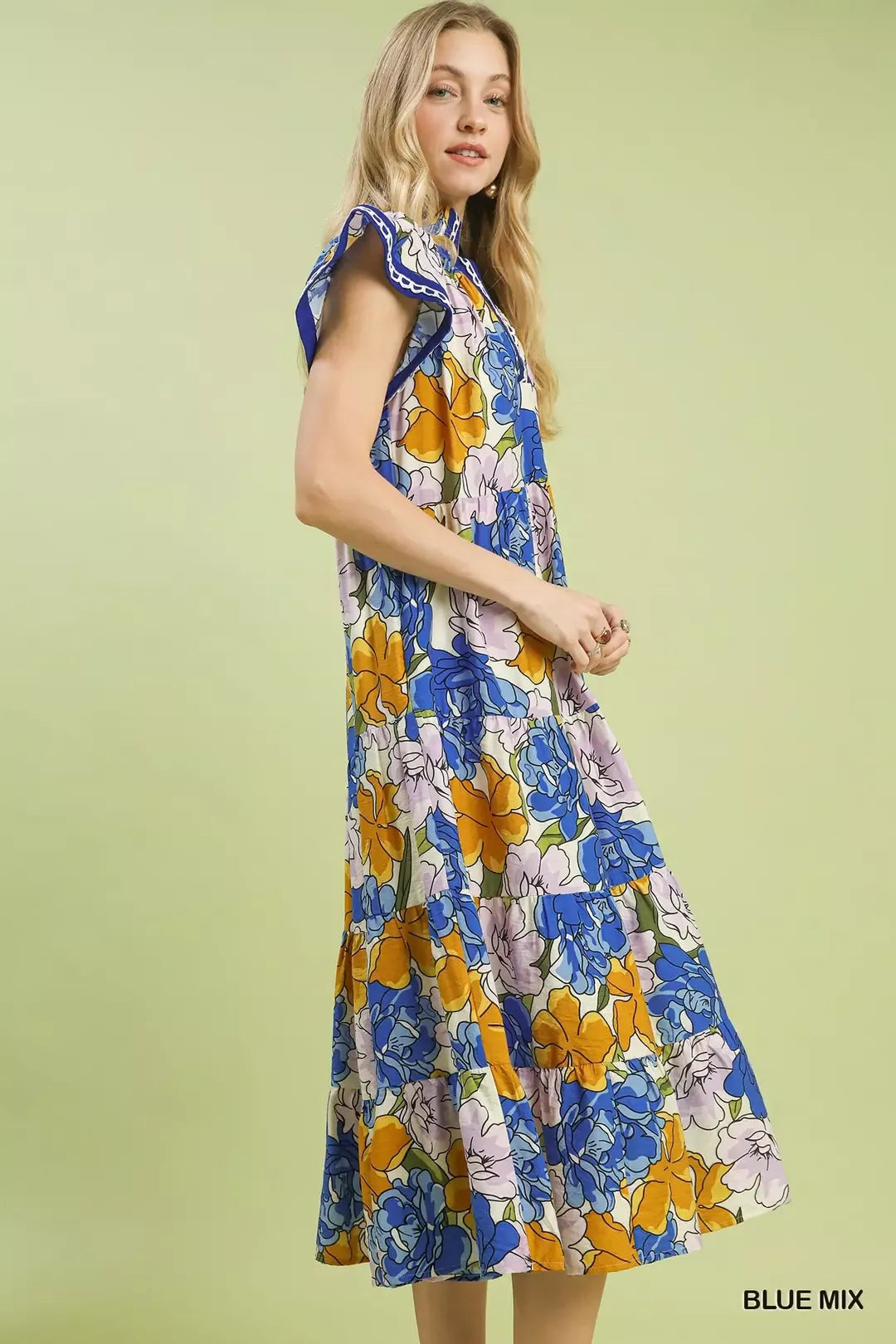Mix Bold Floral Tiered Midi Dress in Blue Mix for Women