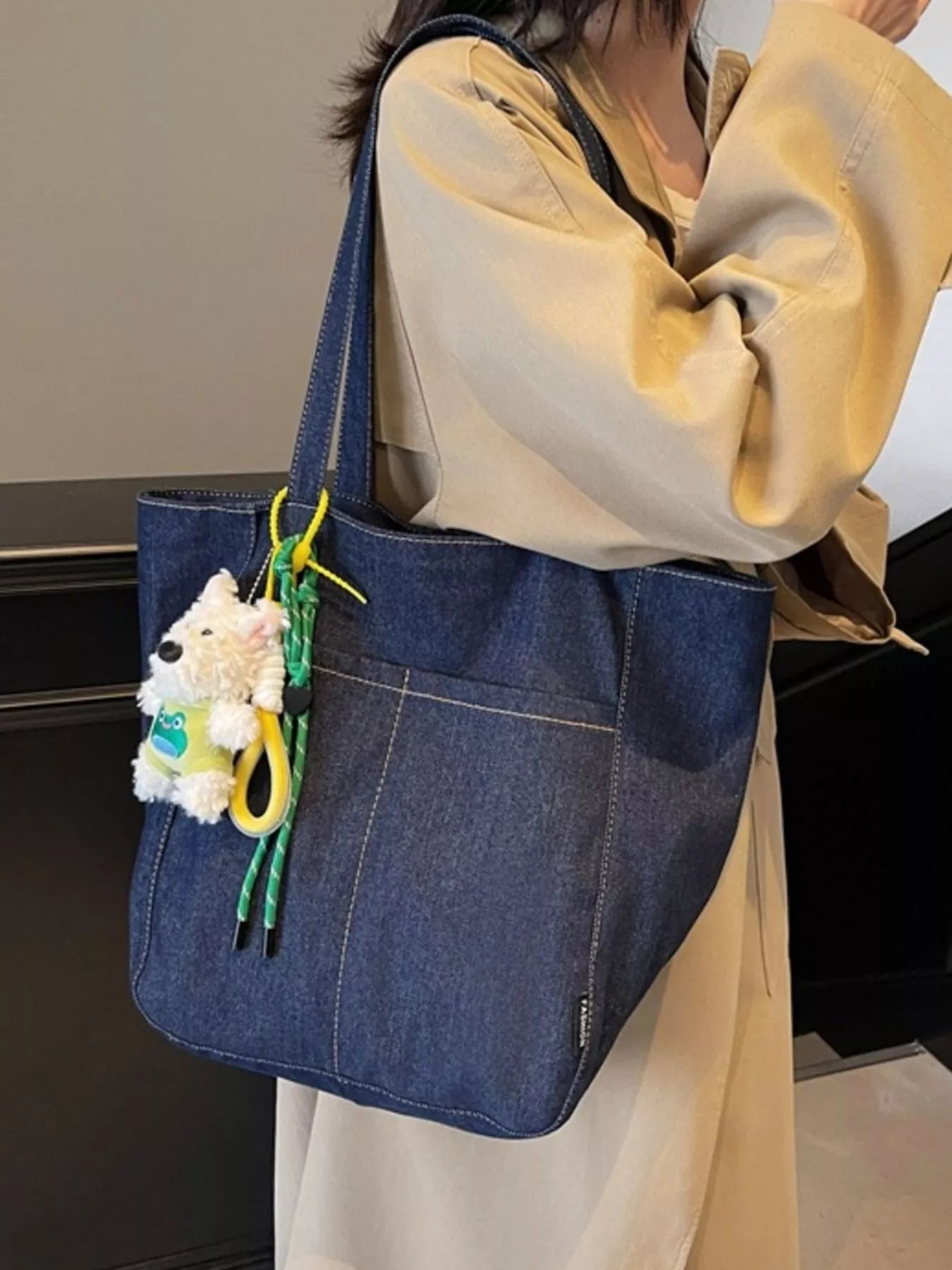 Denim Shoulder Bag with Cute Charm for Women