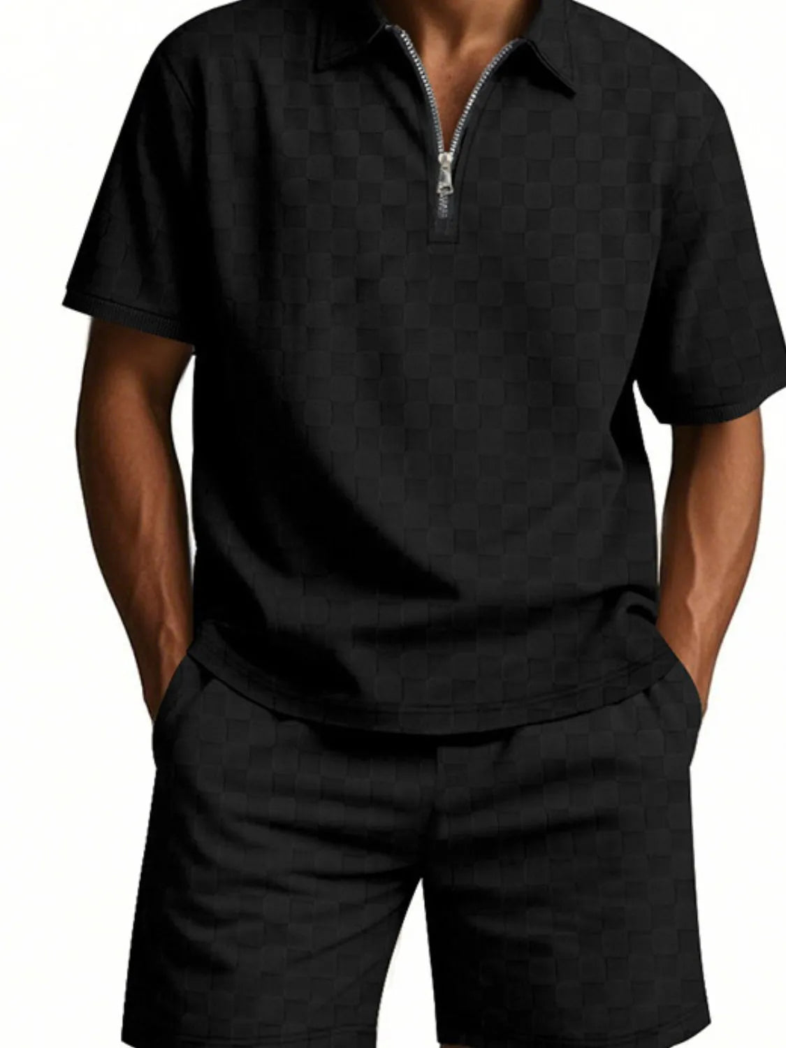 Quarter Zip Short Sleeve Top and Shorts Set Plus Size in White for Men