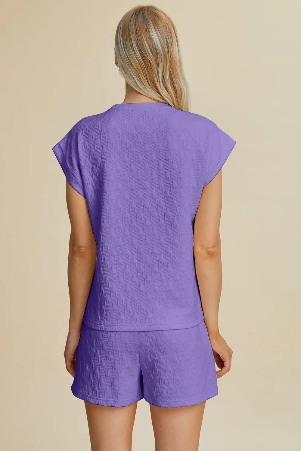 Plus Size Pocketed Texture Round Neck Top and Shorts Set in Lavender for Women