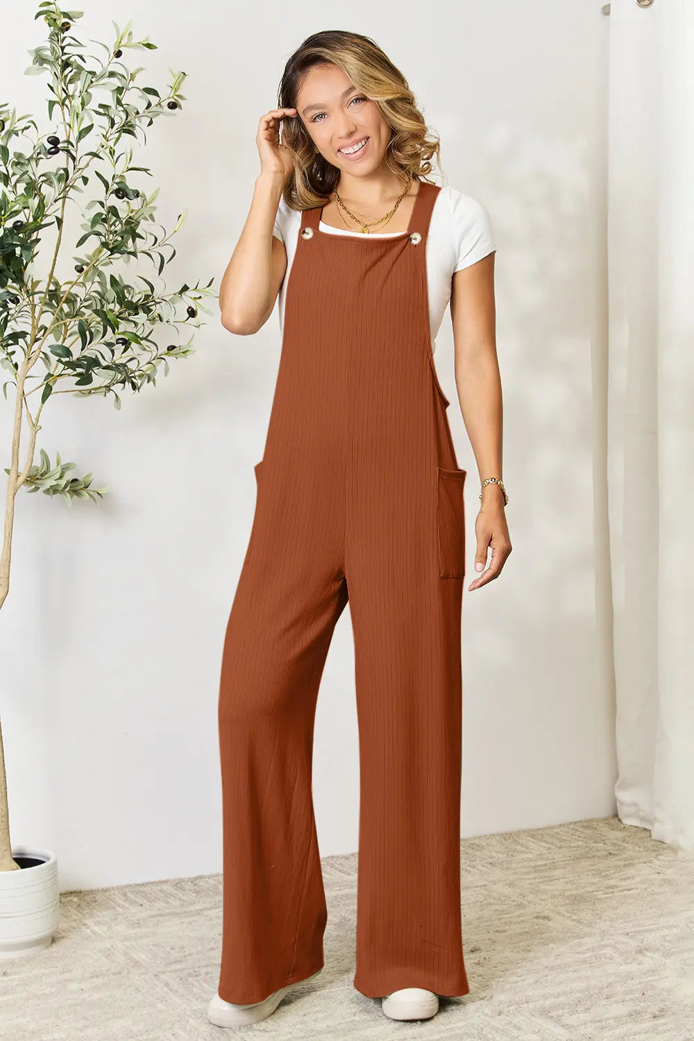 Plus Size Wide Strap Overall with Pockets in Ochre for Women