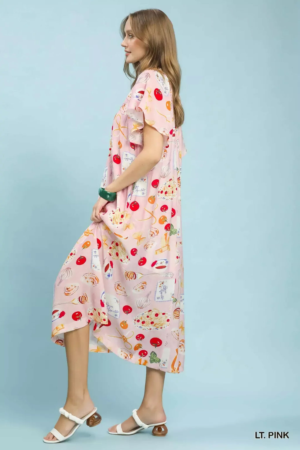 Abstract Print Flutter Sleeve Midi Dress in Light Pink for Women