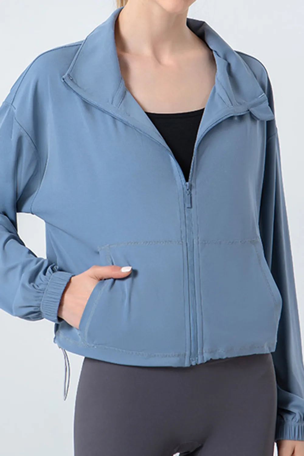 Drawstring Zip Up Dropped Shoulder Active Outerwear in Black for Women