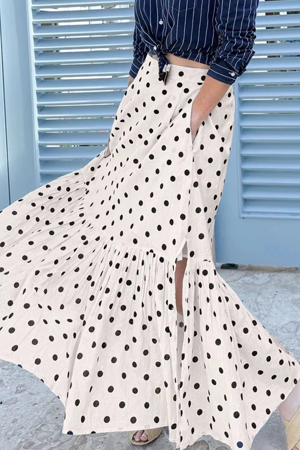 Polka Dot Ruffled Slit Maxi Skirt for Women