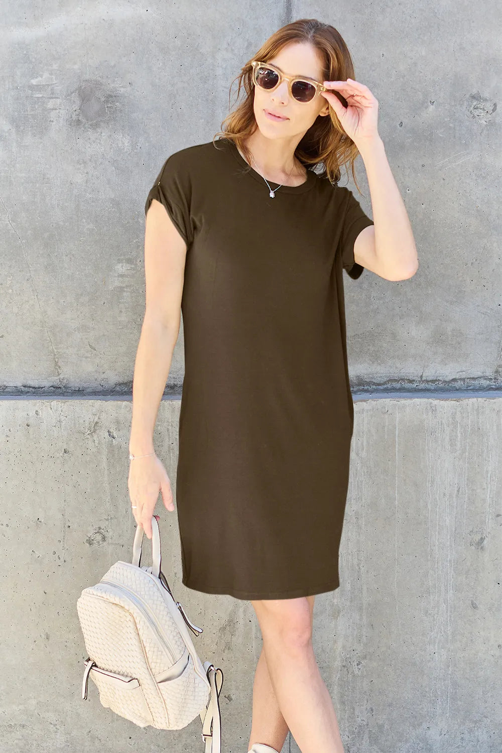 Plus Size Round Neck Short Sleeve Dress with Pockets in Mocha for Women