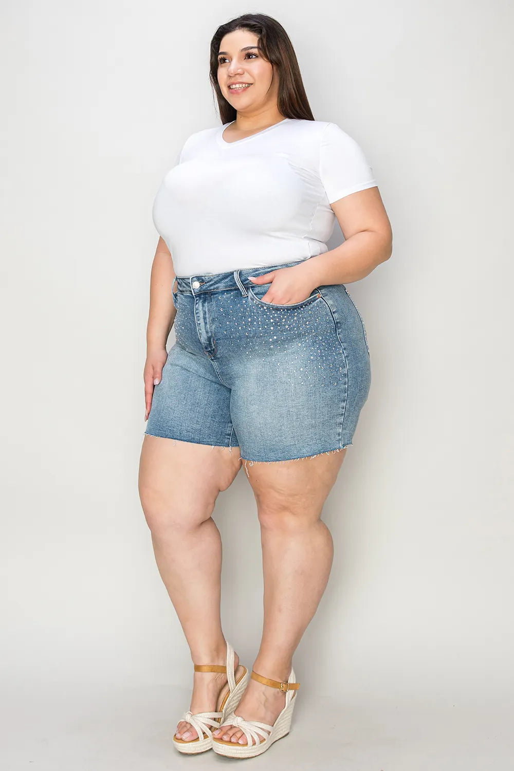 Plus Size High Waist Rhinestone Decor Denim Shorts for Women